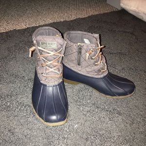 Navy and grey Sperry duck boots